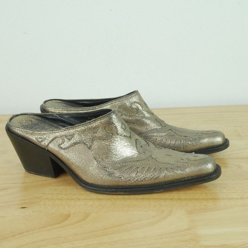 Vintage 7.5 Western Mules Y2K Cowgirl Glam Gold Metallic Leather Slides MIA Boho